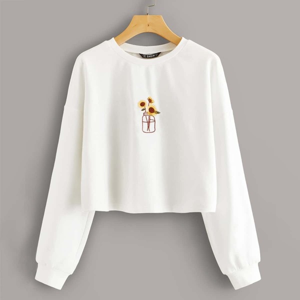 

Drop Shoulder Embroidered Sweatshirt, White