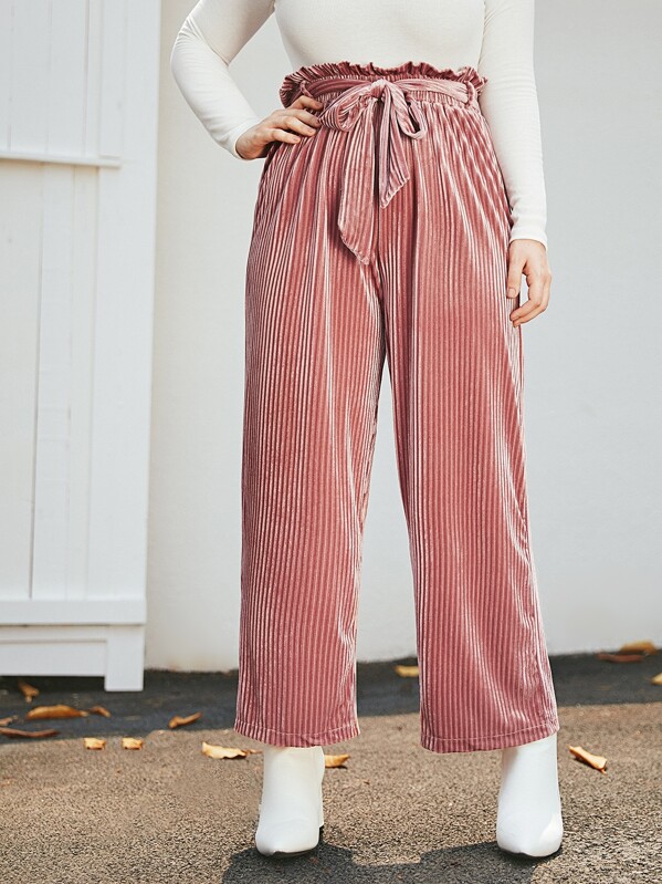 

Plus Velvet Paperbag Waist Belted Pants, Pink, Ella