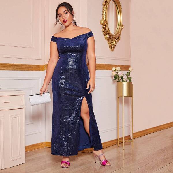 

Plus Sweetheart Neck High Split Sequin Bardot Dress, Navy