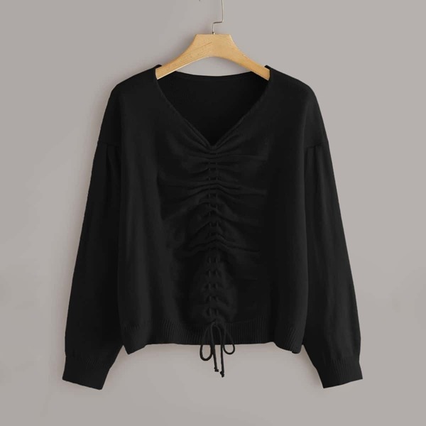 

Plus Ruched Drawstring Drop Shoulder Sweater, Black