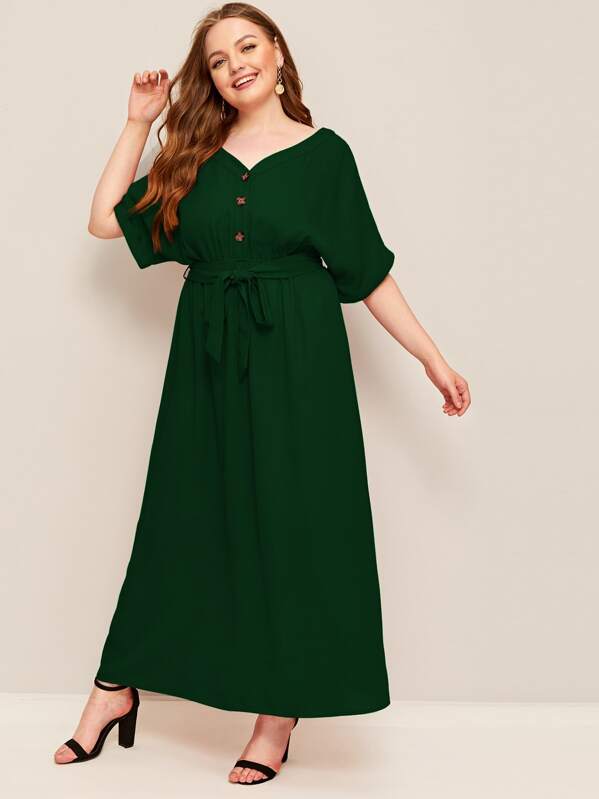 

Plus Button Front Rolled Sleeve Belted Dress, Green, Olga B
