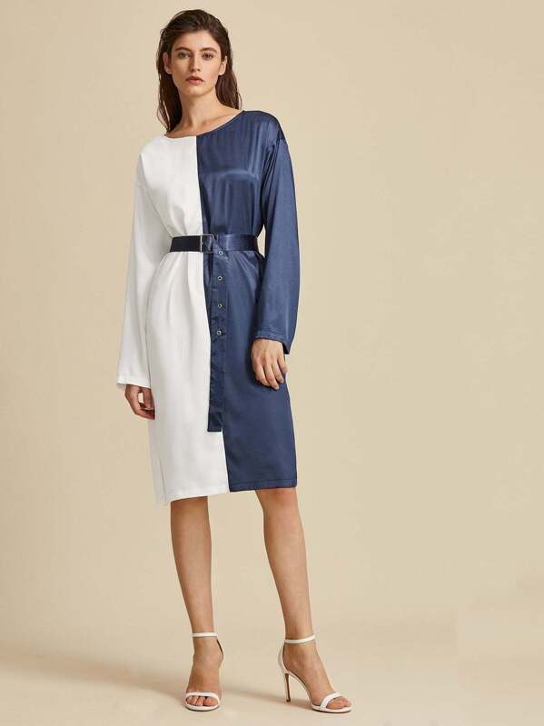 

Premium Two Tone Split Side Satin Belted Dress, Multicolor, Mila