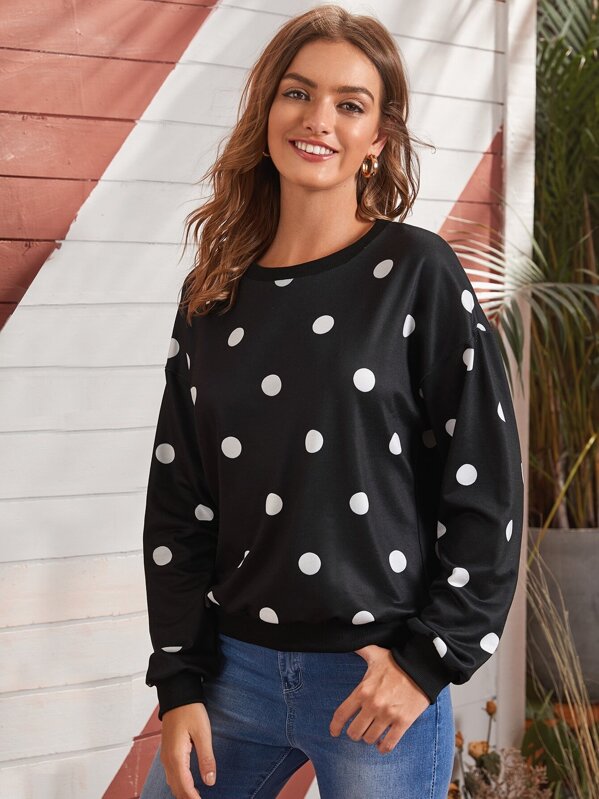 

Polka Dot Drop Shoulder Sweatshirt, Black, Luiza