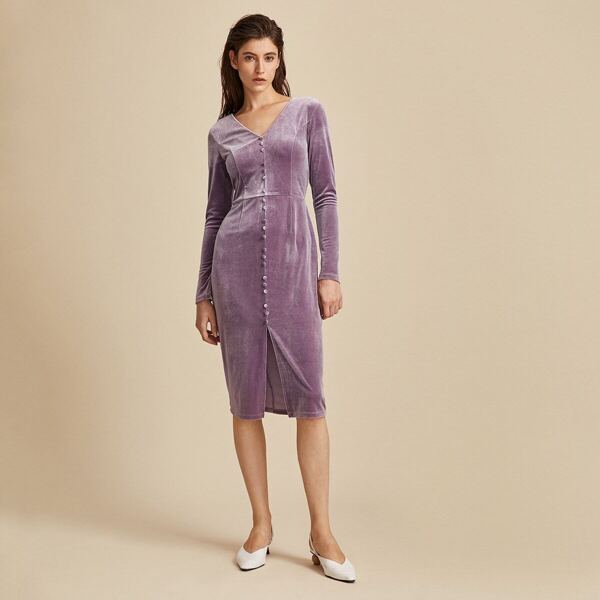 

Premium V-neck Button Front Velvet Dress, Purple pastel