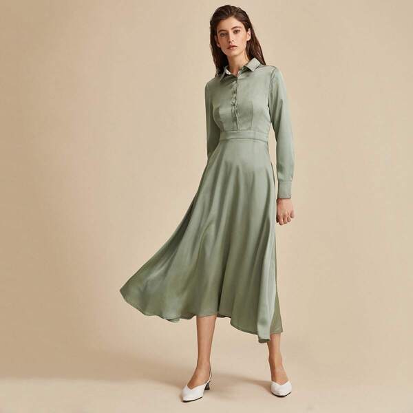 

Premium Button Front Satin Shirt Dress, Army green pastel