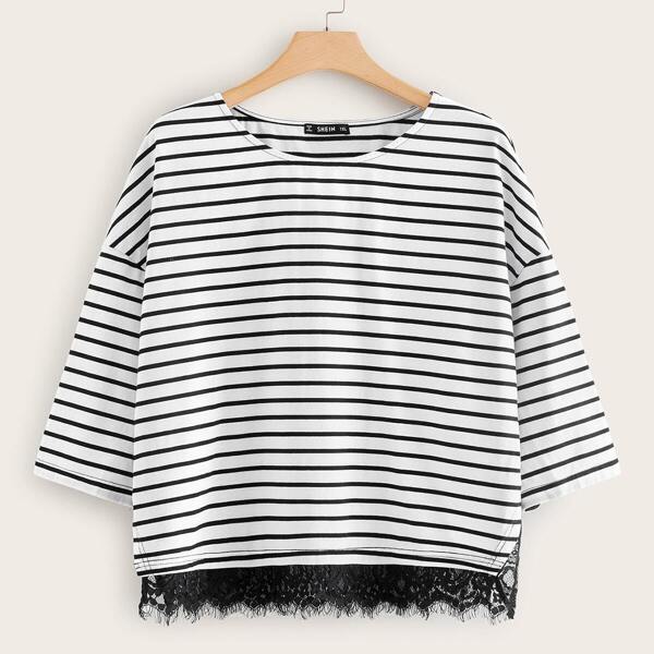 

Plus Drop Shoulder Lace Hem Striped Tee, White