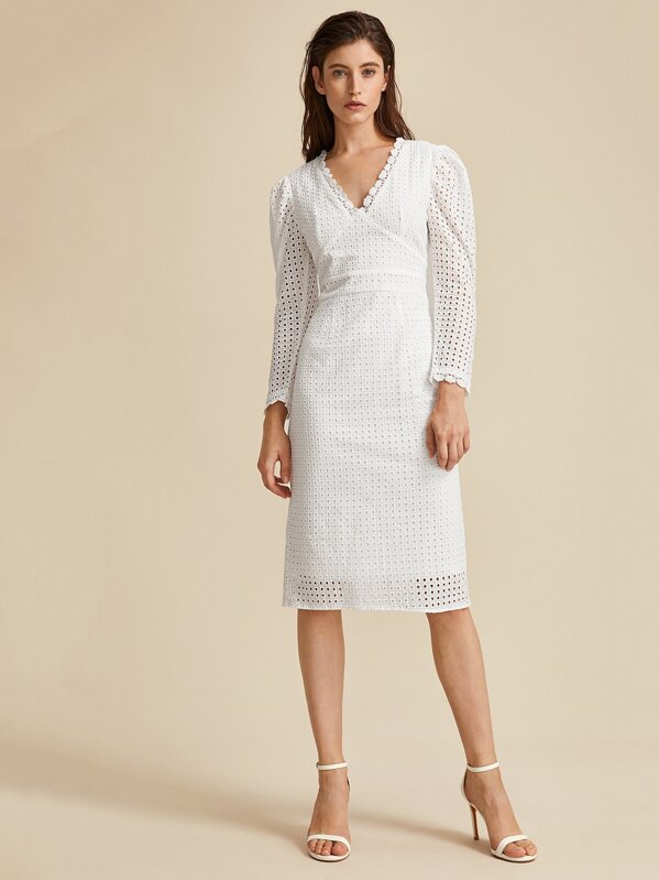 

Lace Trim Split Back Eyelet Embroidery Dress, White, Mila
