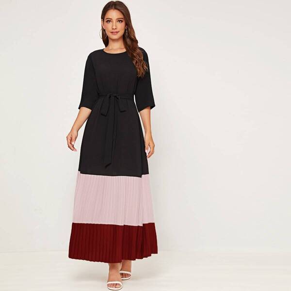 

Color-block Pleated Hem Belted Dress, Multicolor
