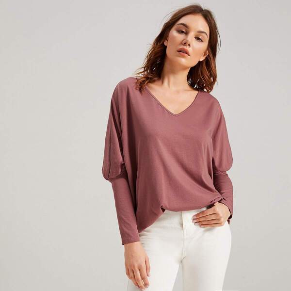 

V-neck Leg-of-mutton Sleeve Solid Tee