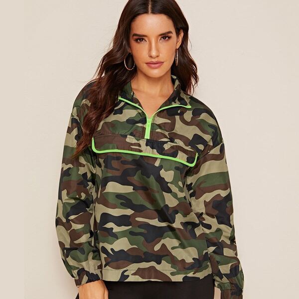 

Neon Trim Foldover Front Zip Half Placket Camo Jacket, Multicolor