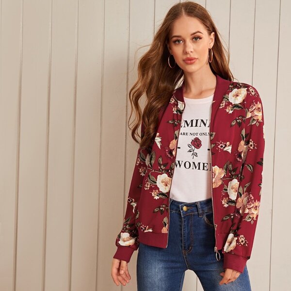 

Zipper Up Floral Print Bomber Jacket
