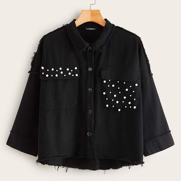 

Drop Shoulder Flap Pocket Raw Hem Jacket, Black