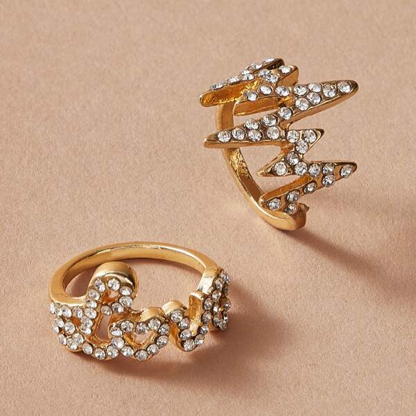 

Rhinestone Engraved Ring 2pcs, Gold