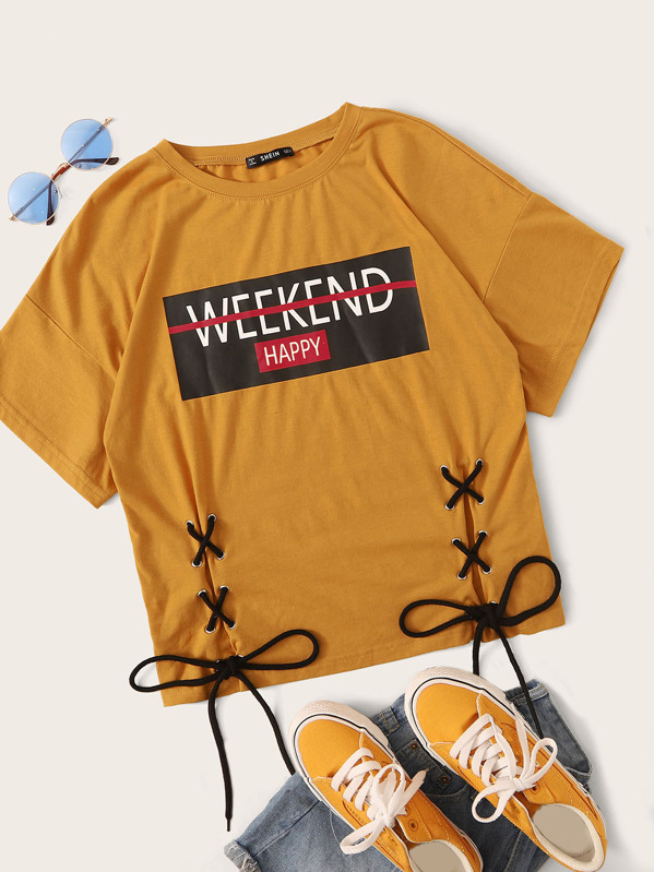 

Letter Graphic Lace Up Front Tee, Yellow