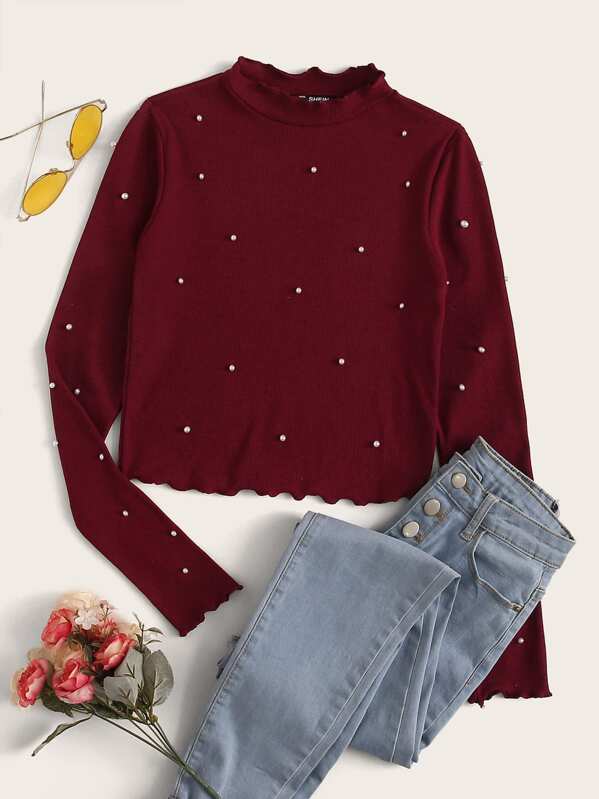 

Pearl Beaded Lettuce Edge Rib-knit Tee, Burgundy