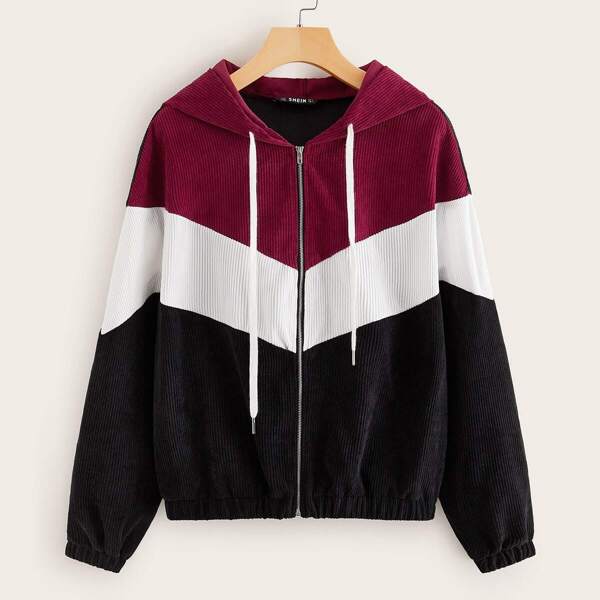 

Zip Up Chevron Colorblock Hooded Cord Jacket, Multicolor