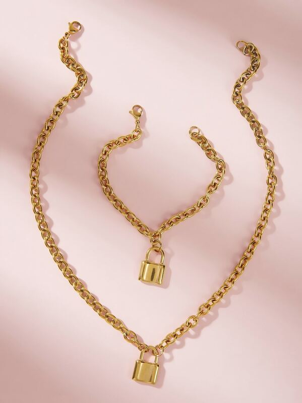 

Lock Charm Chain Necklace & Bracelet 2pcs