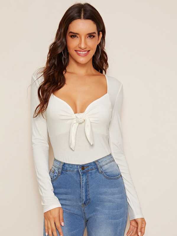 

Solid Sweetheart Neck Knot Front Top, White, Juliana