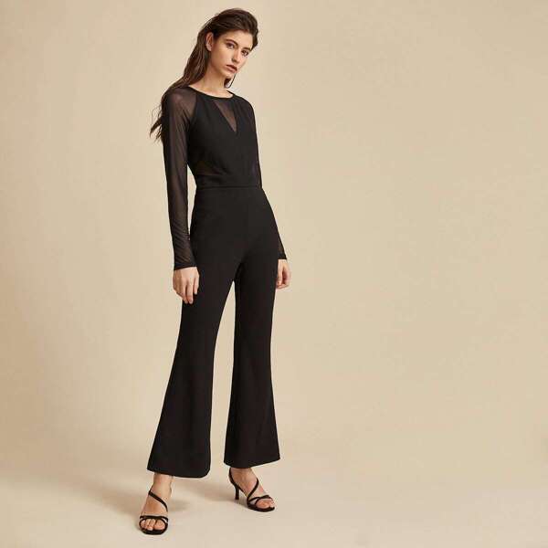 

Premium Solid Mesh Sleeve Flare Leg Jumpsuit, Black