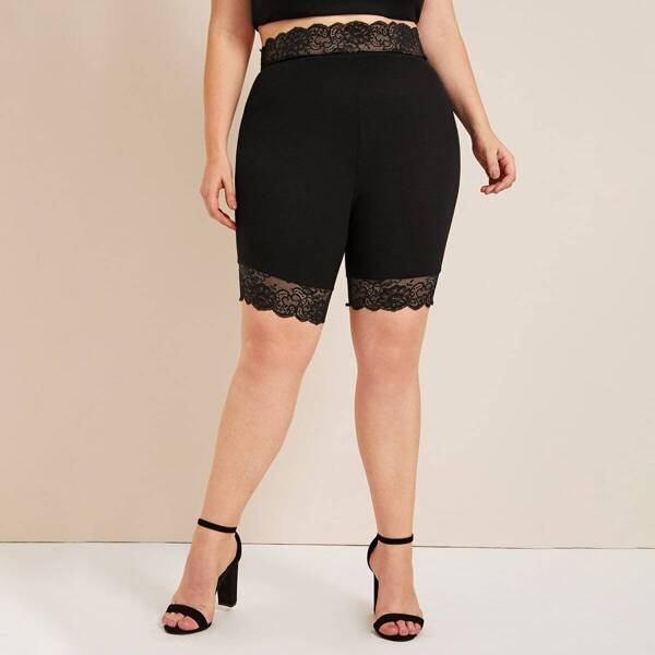

Plus Lace Trim Cycling Shorts, Black