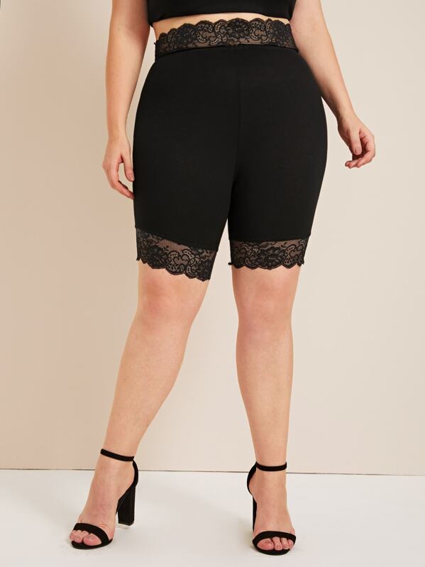 

Plus Lace Trim Cycling Shorts, Black, Ella