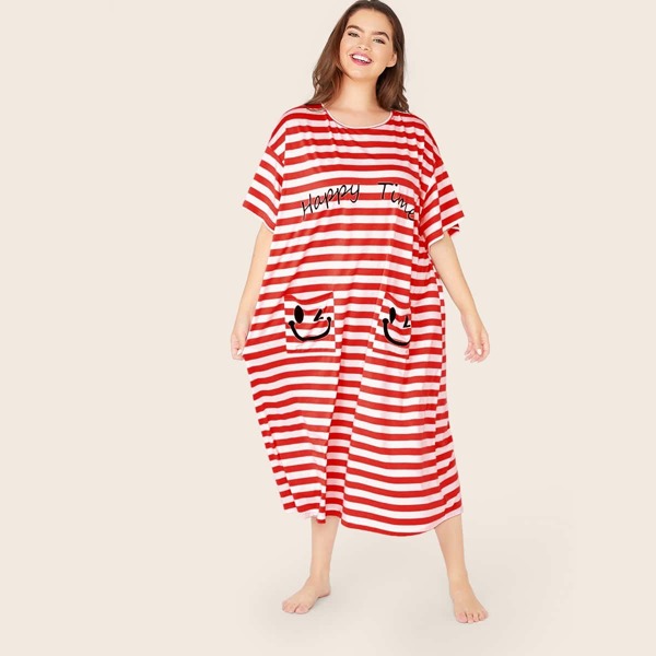 

Plus Slogan Graphic Pocket Patched Striped Nightdress, Red bright