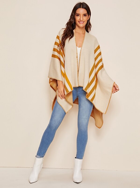 

Contrast Stitch Striped Poncho Cardigan, Beige, Juliana