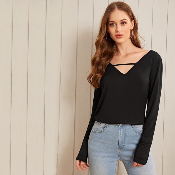 

Cutout V-neck Solid Tee