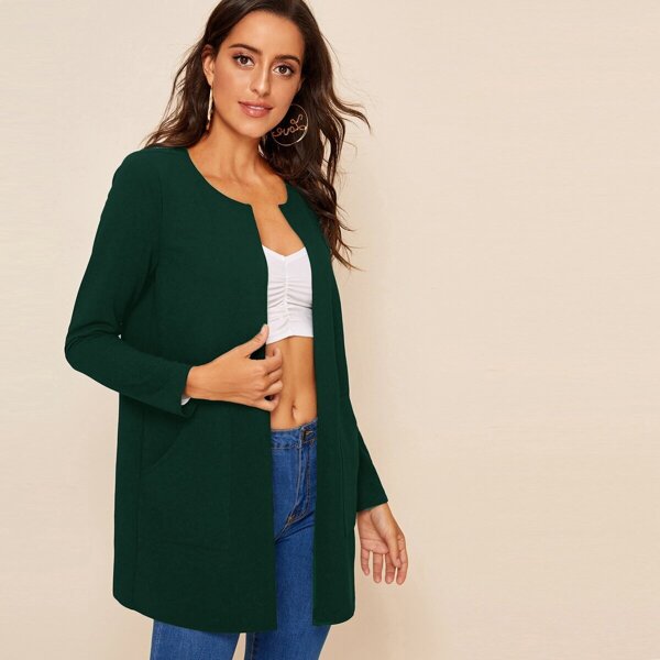 

Solid Open Front Pocket Patched Coat, Green