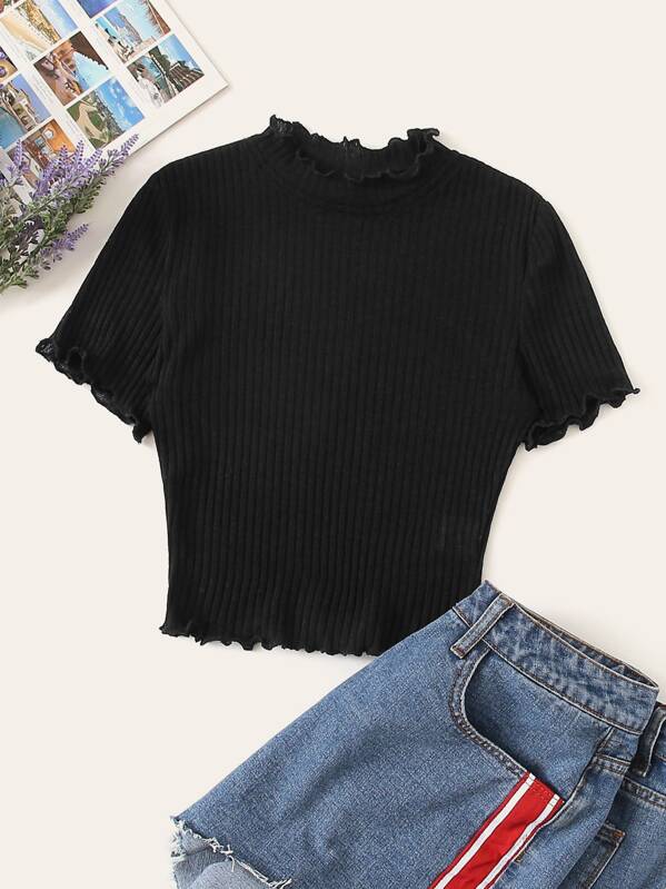 

Plus Lettuce Trim Rib-knit Fitted Top, Black