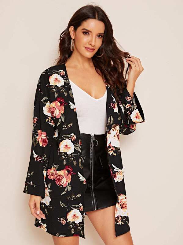 

Open Front Floral Print Coat, Black, Juliana