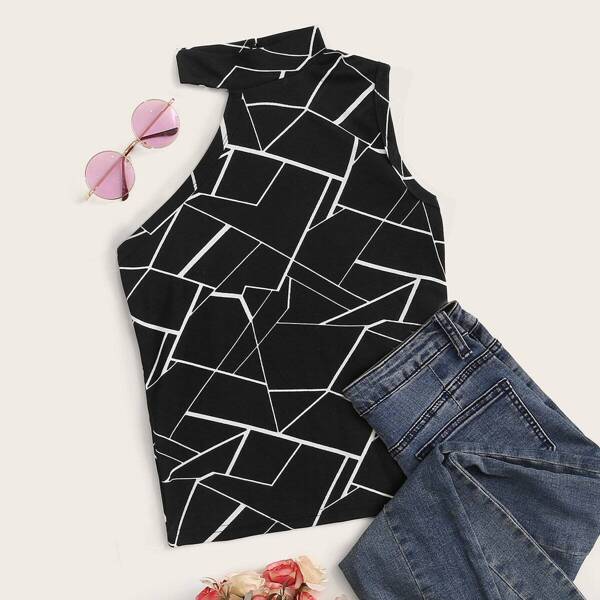 

Asymmetrical Neck Geo Print Top, Black