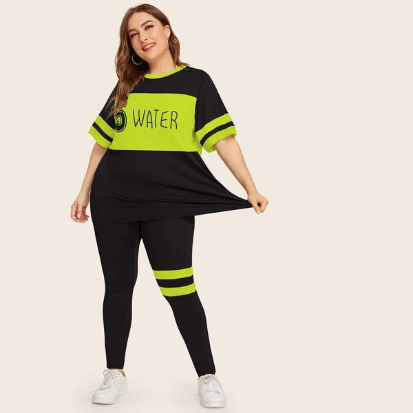 

Plus Colorblock Letter Print Top & Leggings Set, Black