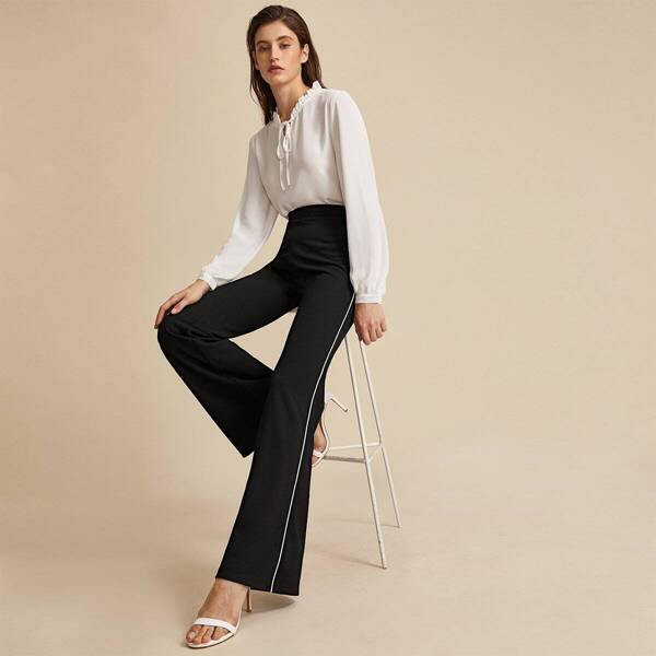 

Premium Contrast Piping Flare Leg Pants, Black