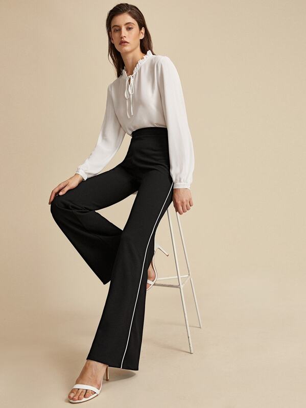 

Premium Contrast Piping Flare Leg Pants, Black, Mila