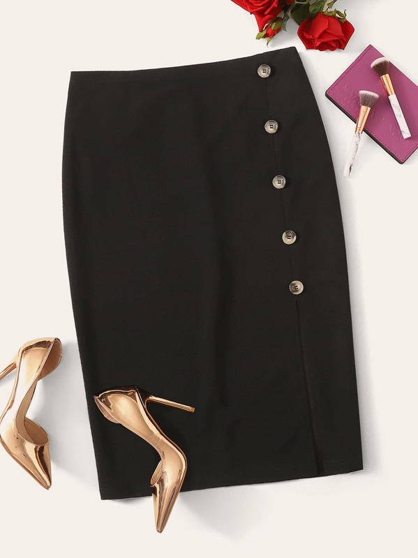 

Plus Button Detail Slit Side Skirt, Black, Marcelle Pallais