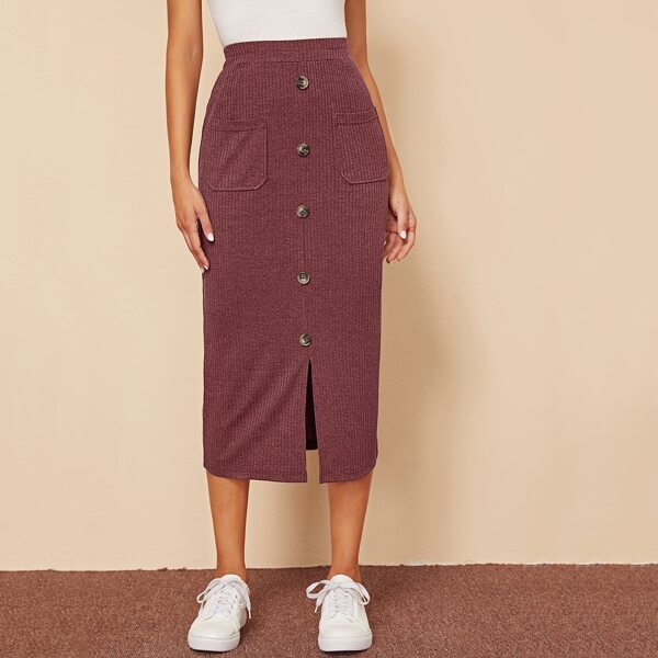 

Single Breasted Split Hem Pocket Patched Rib-knit Skirt, Burgundy