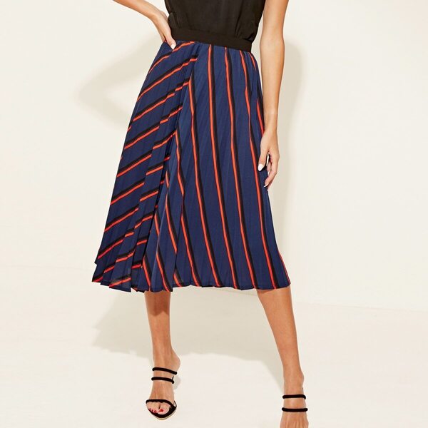 

Zipper Fly Striped Colorblock Pleated Skirt, Navy