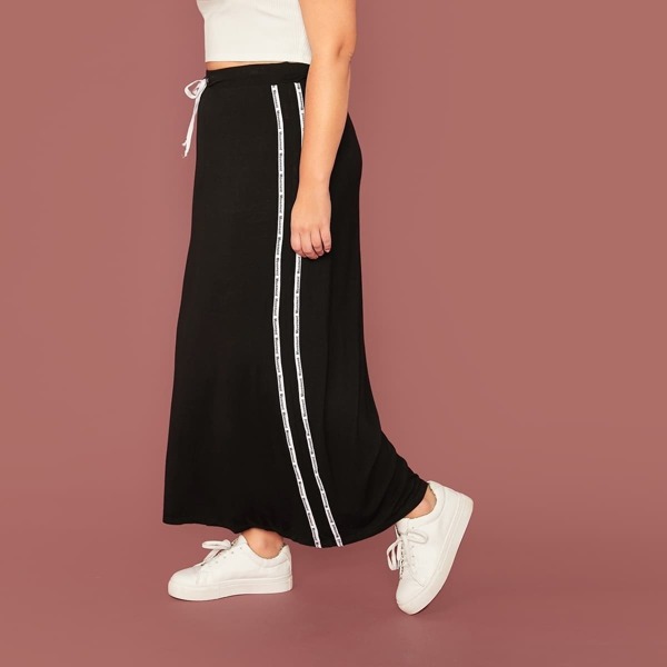 

Plus Drawstring Waist Letter Tape Side Skirt, Black