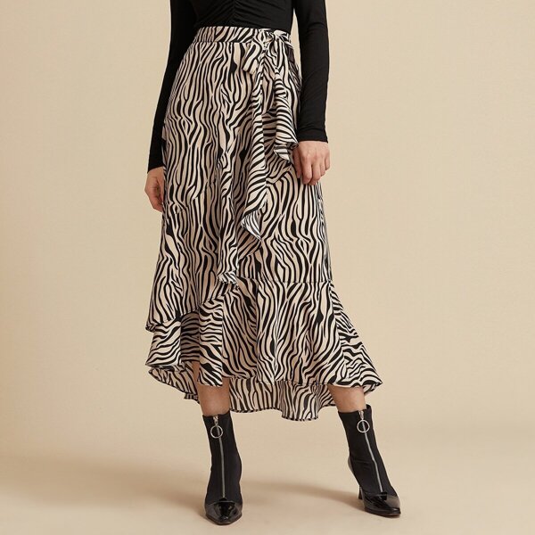 

Premium Ruffle Trim Self Belted Wrap Zebra Skirt, Multicolor