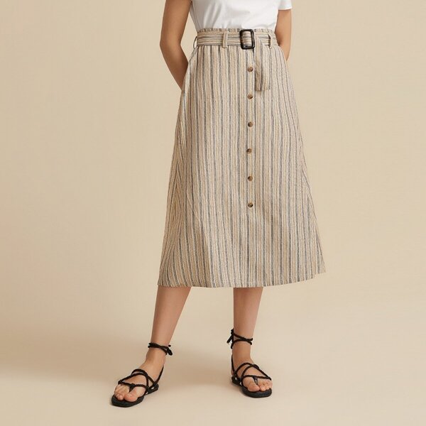 

Premium Button Front Striped Skirt With Belt, Khaki