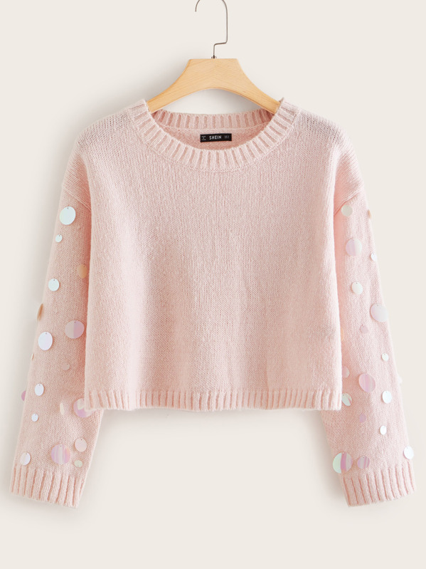 

Drop Shoulder Sequin Detail Sleeve Sweater, Pink