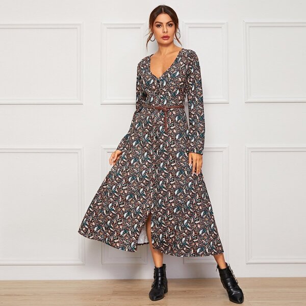 

V Neck Paisley Print Button Front Swing Dress, Multicolor
