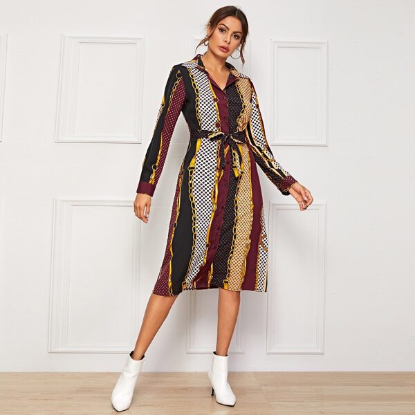 

Chain Print Button Through Belted Shirt Dress, Multicolor