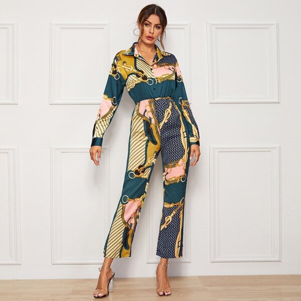 

Button Front Chain Print Shirt Jumpsuit, Multicolor