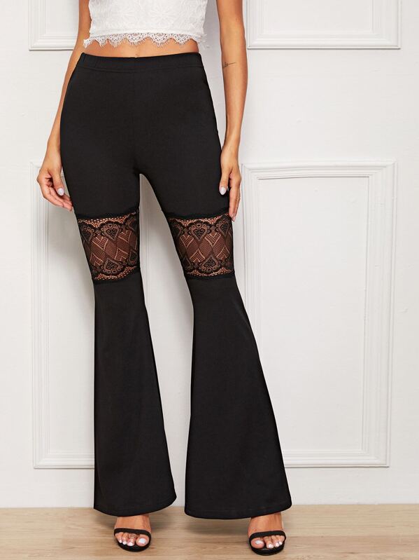 

Lace Panel Elastic Waist Flare Pants, Black, Andy