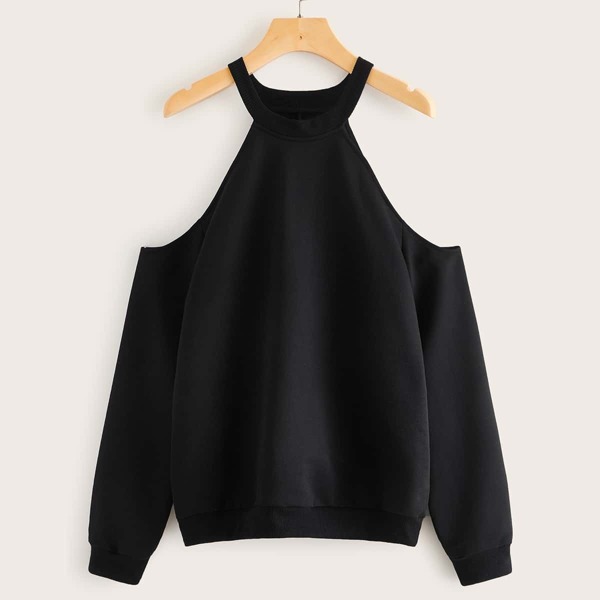 

Solid Cold Shoulder Halter Sweatshirt