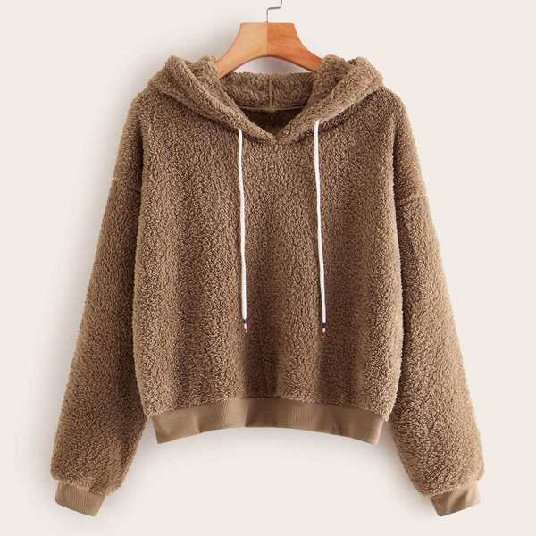 

Shearling Drawstring Drop Shoulder Teddy Hoodie, Khaki