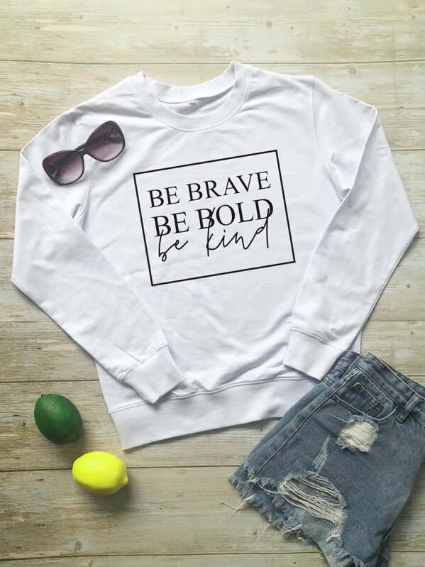 

Slogan Print Round Neck Sweatshirt, White
