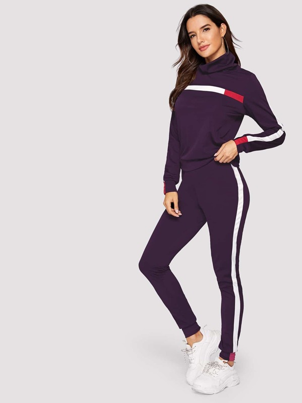 

Cowl Neck Contrast Panel Sweatshirt & Sweatpants, Purple, Juliana